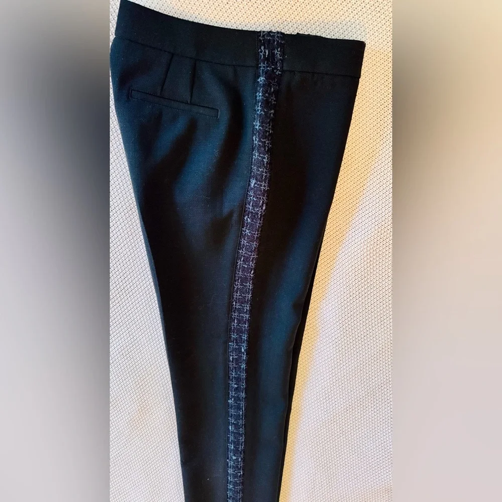 TORY BURCH Tobie Black Trousers Straight Leg Pants Blue Wool Tweed Side Stripe - Picture 12 of 16